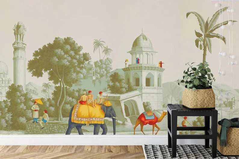 Mughal Elephant Mural, India Home Decor Art Print