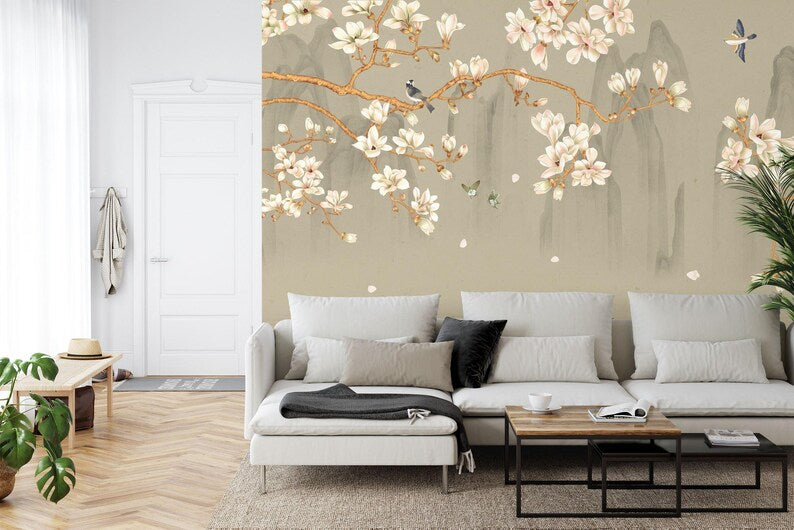 Chinoiserie Wallpaper Birds and Blossom Flowers Mural