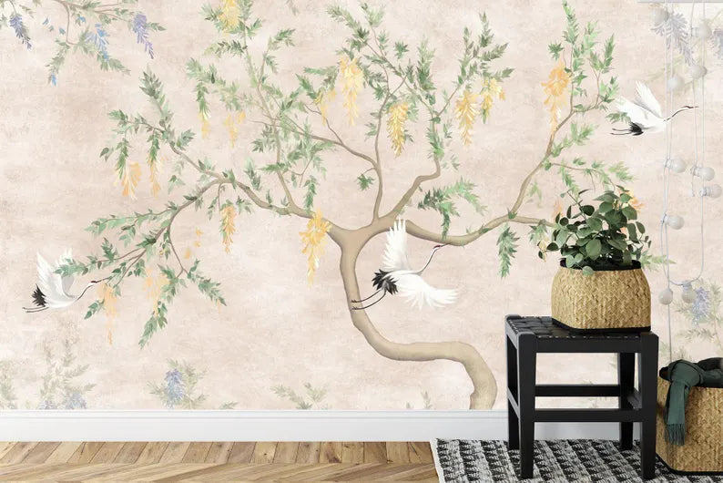 Chinoiserie Crane and Blossom Wallpaper Mural