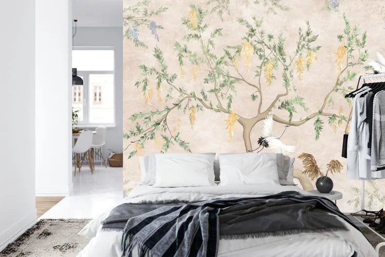 Chinoiserie Crane and Blossom Wallpaper Mural