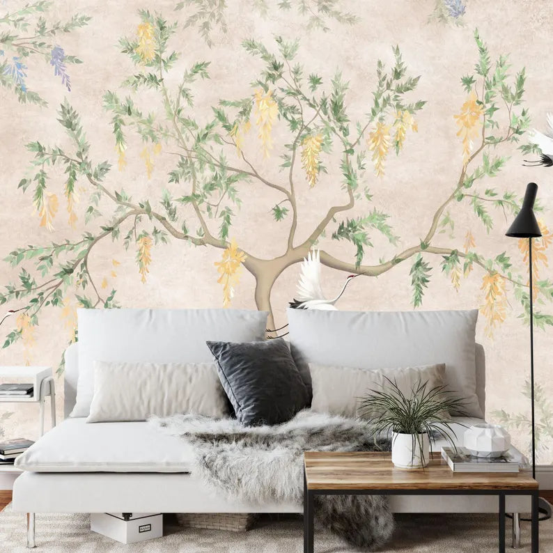 Chinoiserie Crane and Blossom Wallpaper Mural