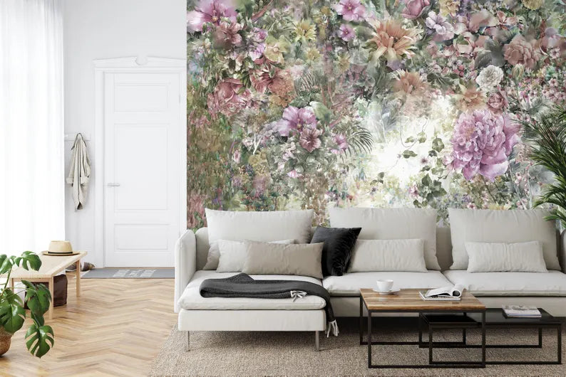 Wallpaper, Watercolor Floral Wall Mural, Colorful Flowers