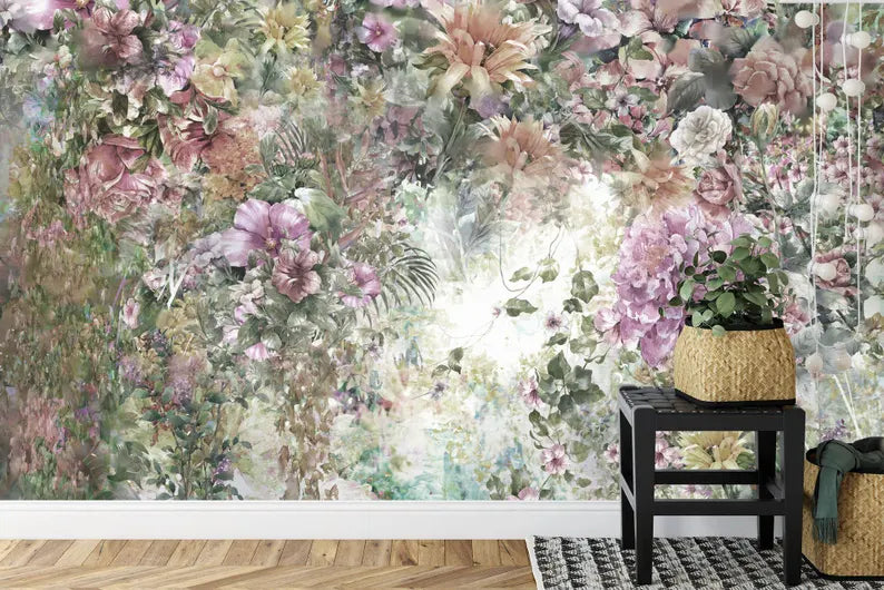 Wallpaper, Watercolor Floral Wall Mural, Colorful Flowers