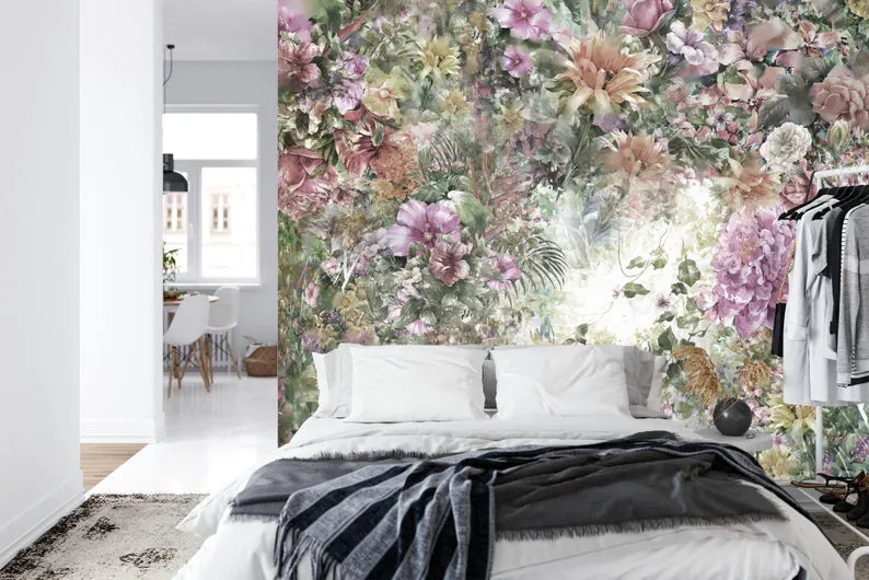 Wallpaper, Watercolor Floral Wall Mural, Colorful Flowers