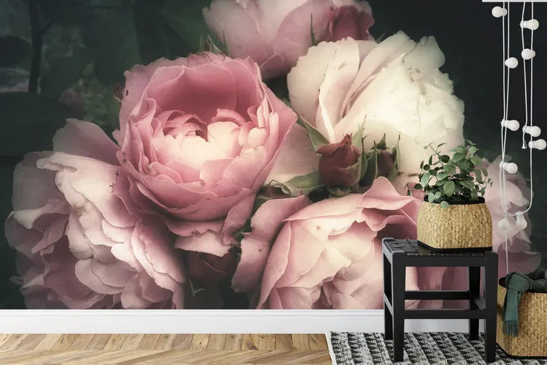 Baroque Peonies Wallpaper Mural, Rich Deep Colors