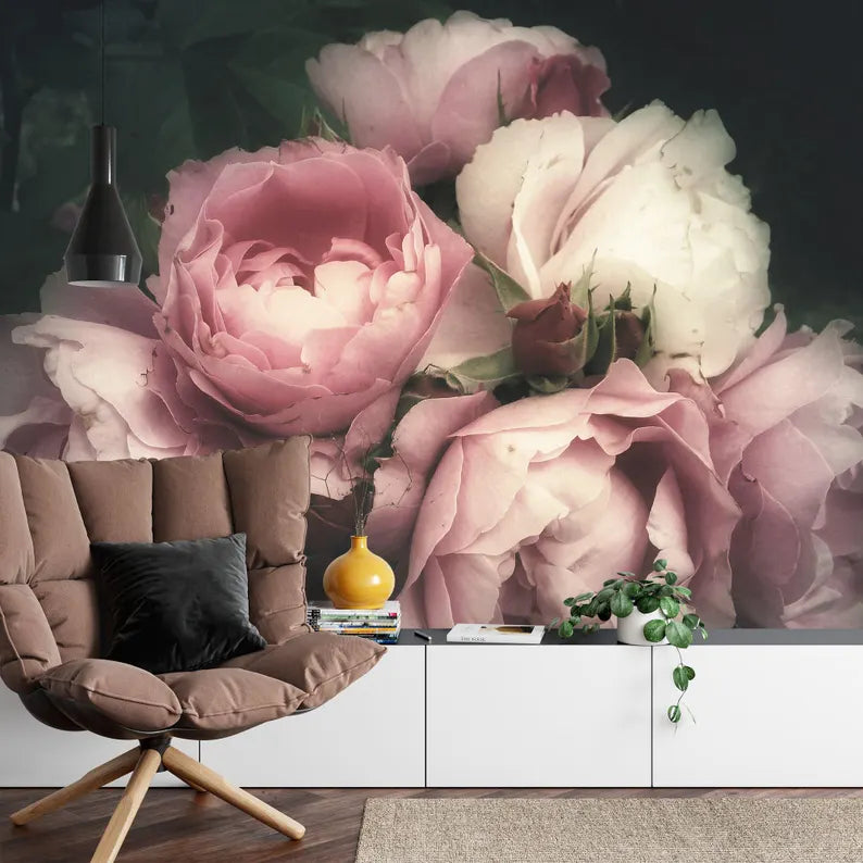 Baroque Peonies Wallpaper Mural, Rich Deep Colors