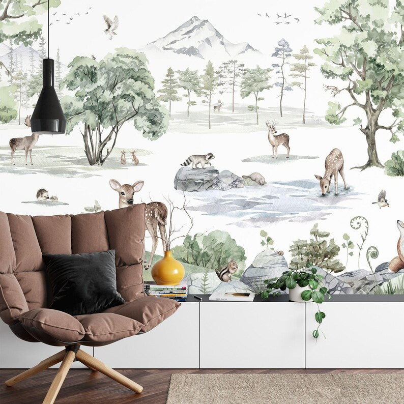 Forest Animals Wallpaper Mural, Kids Nursery Decor