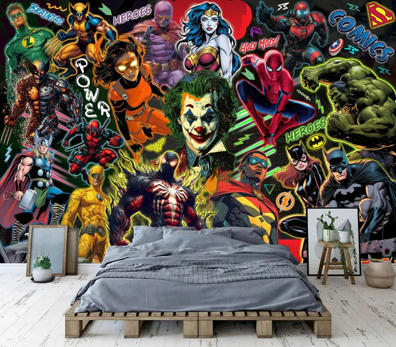 Superhero Comic Book Wallpaper Mural, Kids Room Decor