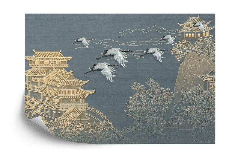 Japanese Chinoiserie Flying Cranes Wallpaper Mural