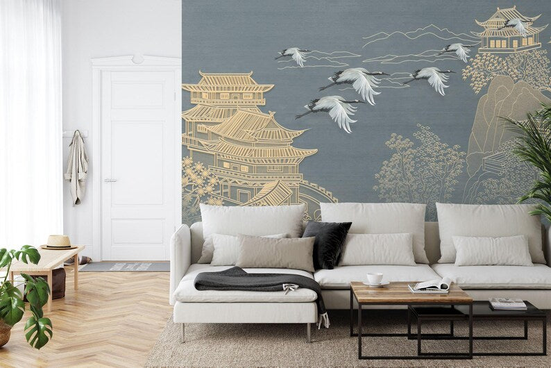 Japanese Chinoiserie Flying Cranes Wallpaper Mural