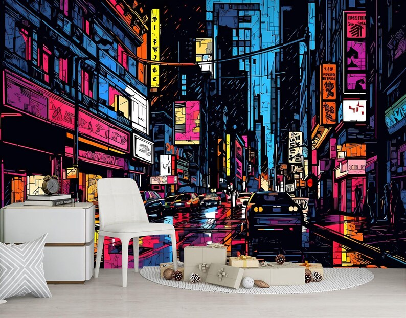 Neon City Street Wallpaper Mural, Kids Room