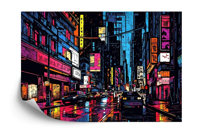 Neon City Street Wallpaper Mural, Kids Room