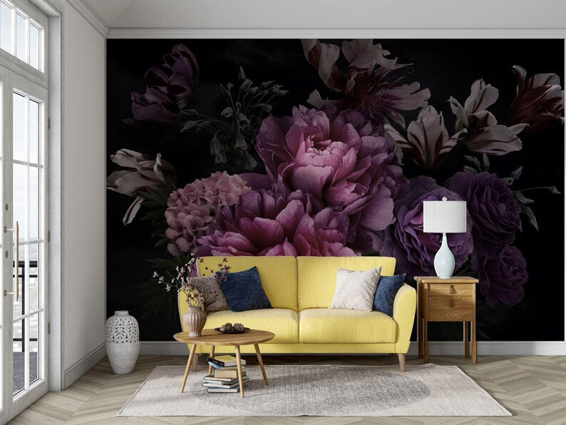 Baroque Peonies Wallpaper Mural, Rich Deep Colors