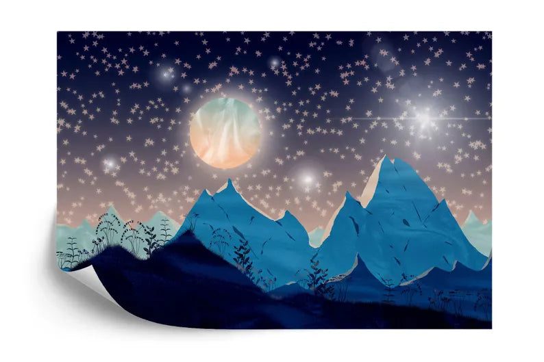 Mountains Moon Nursery Wallpaper Mural, Starry Night
