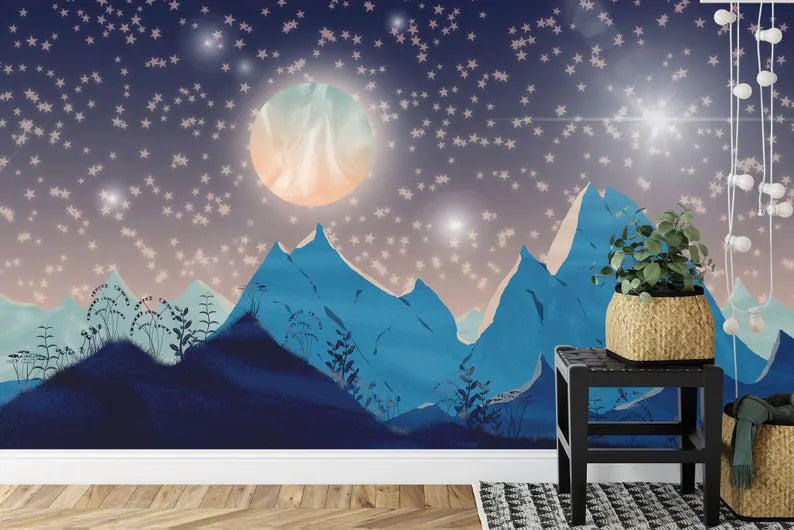 Mountains Moon Nursery Wallpaper Mural, Starry Night