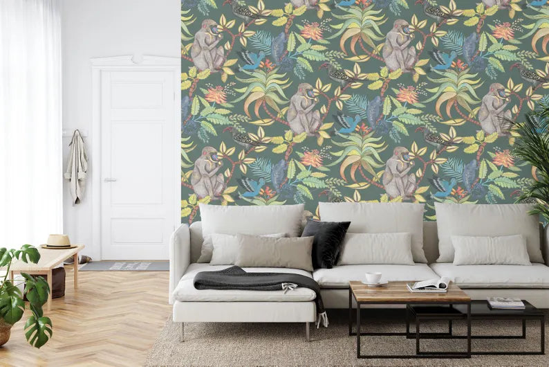 Vintage Monkey Flowers Tropical Wallpaper Mural