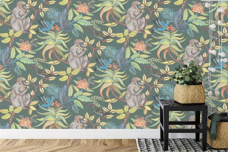 Vintage Monkey Flowers Tropical Wallpaper Mural