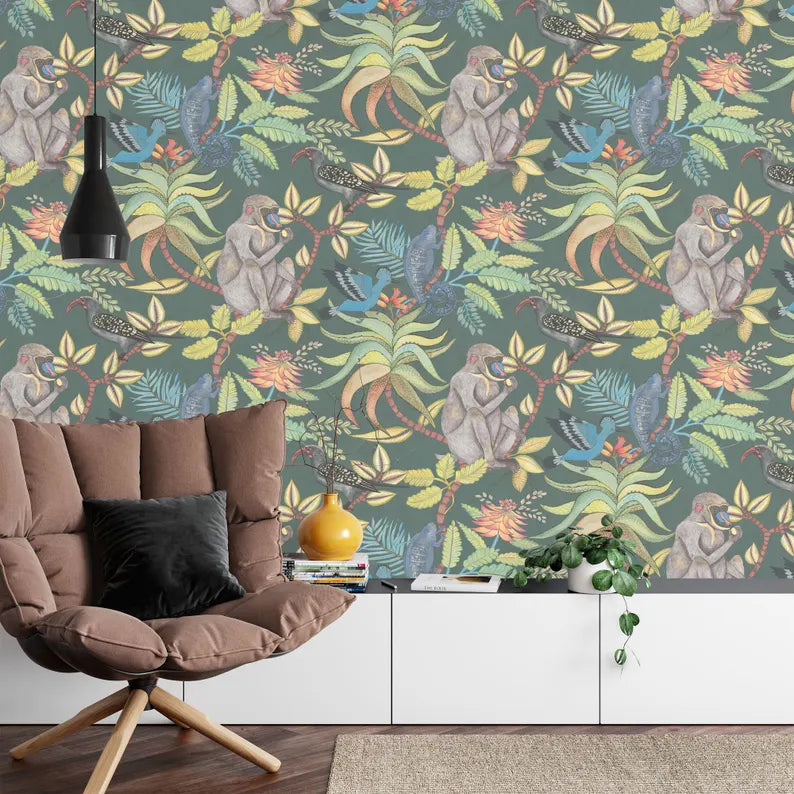 Vintage Monkey Flowers Tropical Wallpaper Mural