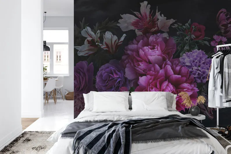 Baroque Peony Flower Wall Mural, Rich Deep Colors