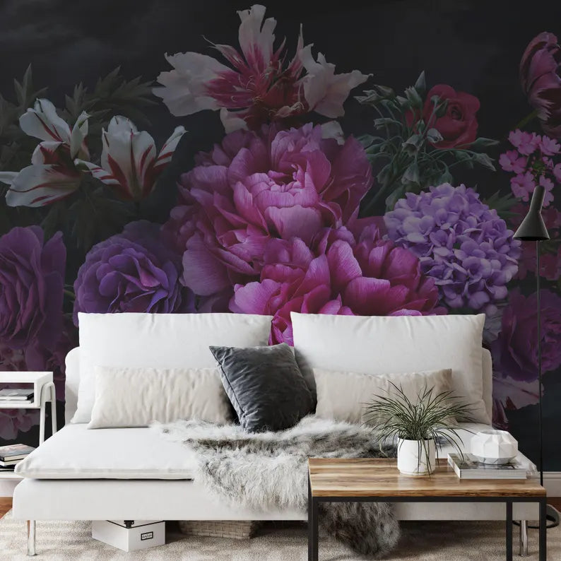 Baroque Peony Flower Wall Mural, Rich Deep Colors