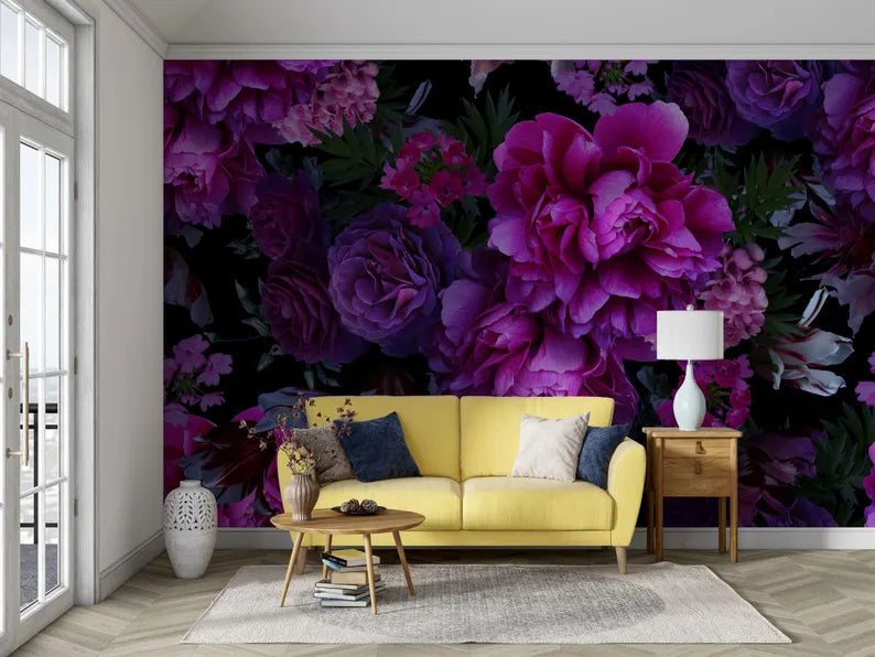 Baroque Peony Flower Wallpaper Mural, Rich Deep Colors, Art Print