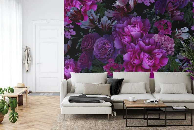 Baroque Peony Flower Wallpaper Mural, Rich Deep Colors, Art Print