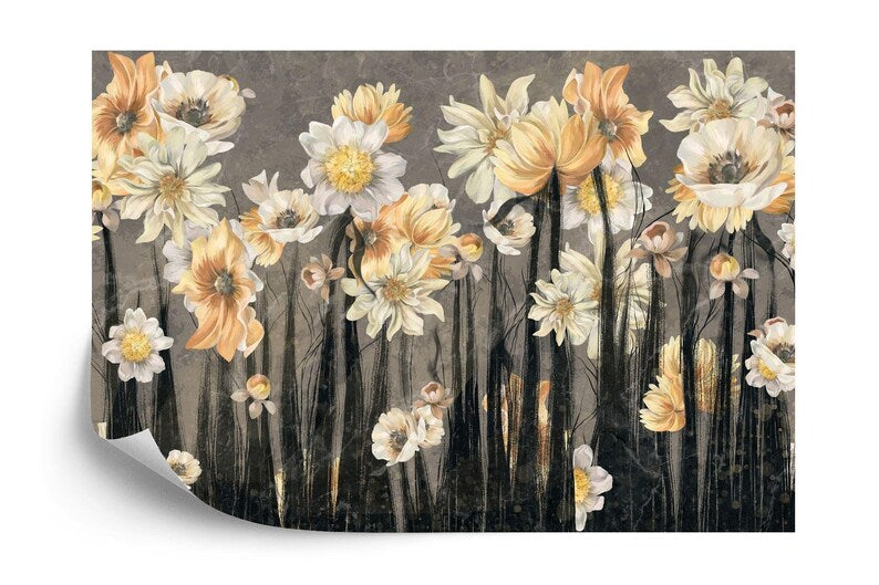 Vintage-style floral wallpaper with ornate flower patterns on stained gray background