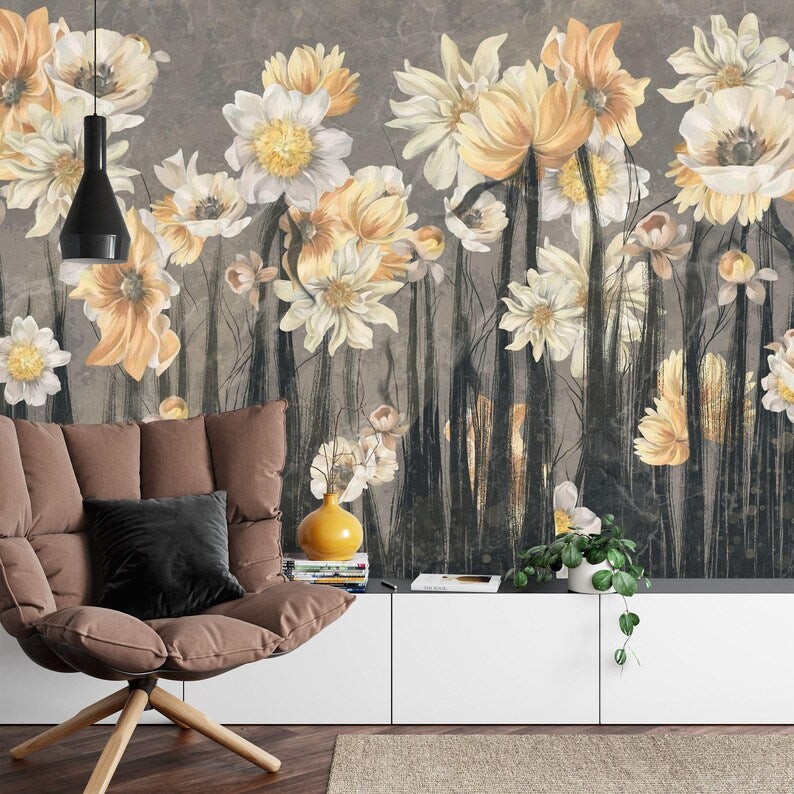 Botanical wallpaper mural showcasing detailed floral arrangement on dark gray surface