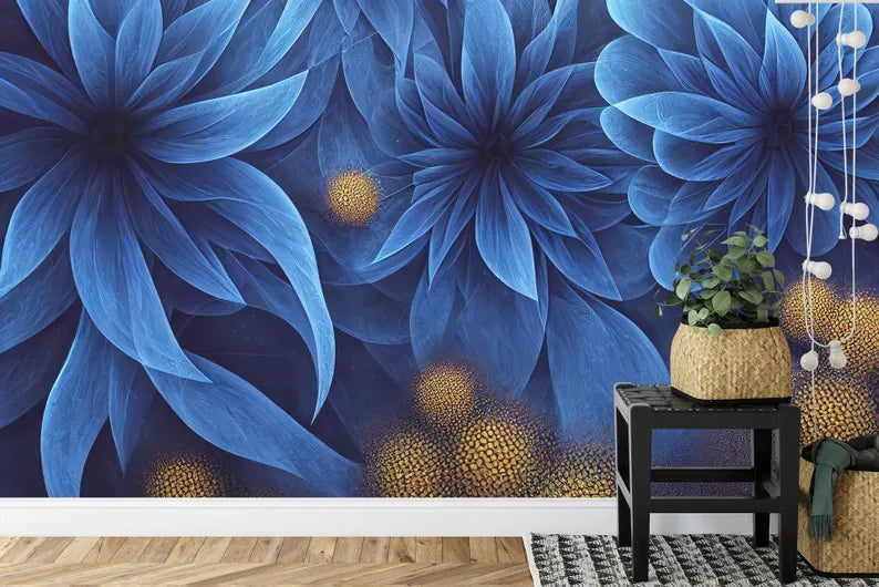 Detailed view of Prussian blue botanical fractal pattern on removable wallpaper

