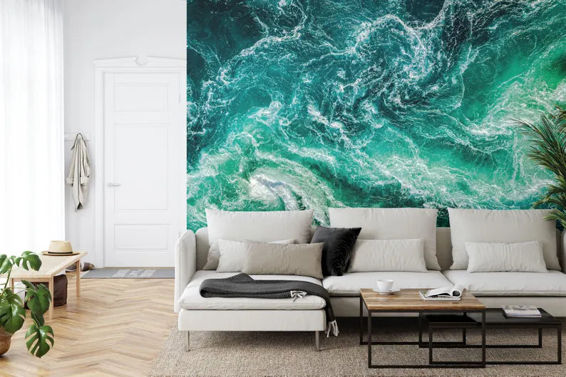 Emerald Green Ocean Waves Wallpaper Mural, Aerial View