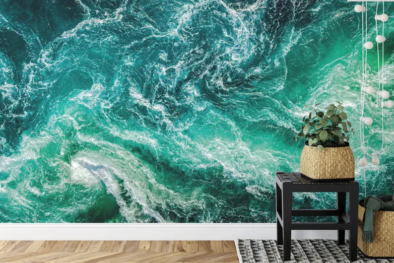 Emerald Green Ocean Waves Wallpaper Mural, Aerial View