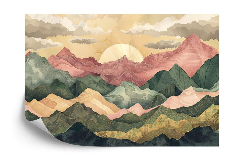 Wallpaper, Pastel Mountains Sunset Mural, Modern Nursery Decor