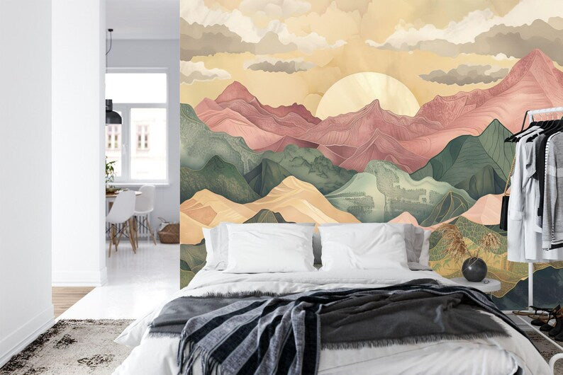 Wallpaper, Pastel Mountains Sunset Mural, Modern Nursery Decor