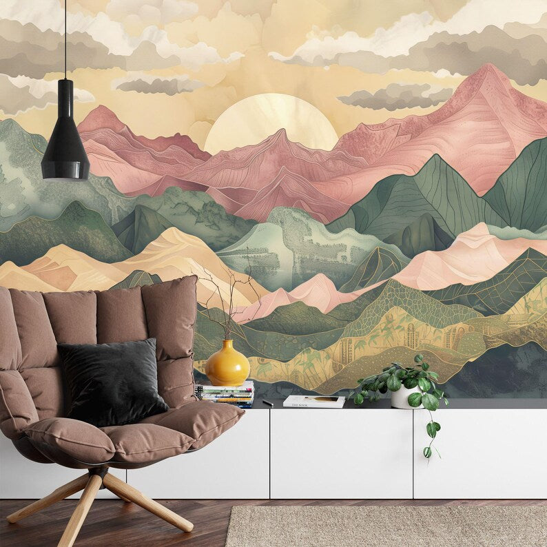 Wallpaper, Pastel Mountains Sunset Mural, Modern Nursery Decor