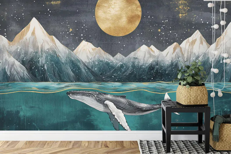 Art Deco Whale Mural, Ocean Mountains Nursery Wallpaper