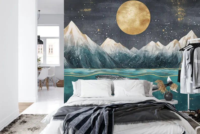 Art Deco Whale Mural, Ocean Mountains Nursery Wallpaper