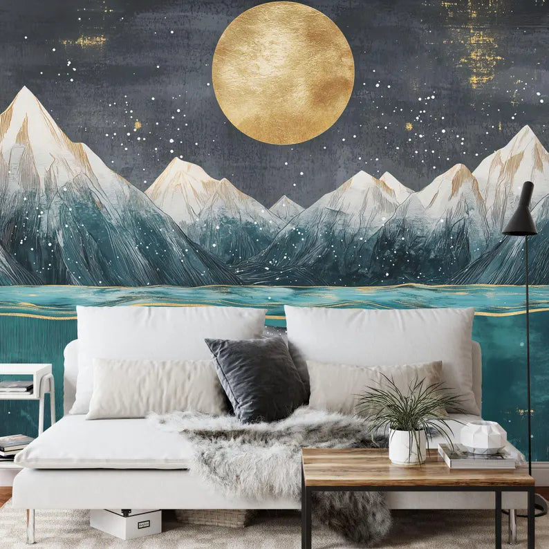 Art Deco Whale Mural, Ocean Mountains Nursery Wallpaper