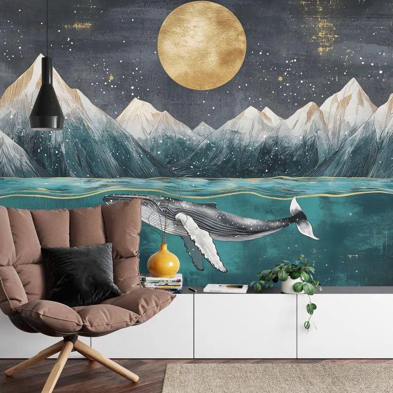 Art Deco Whale Mural, Ocean Mountains Nursery Wallpaper
