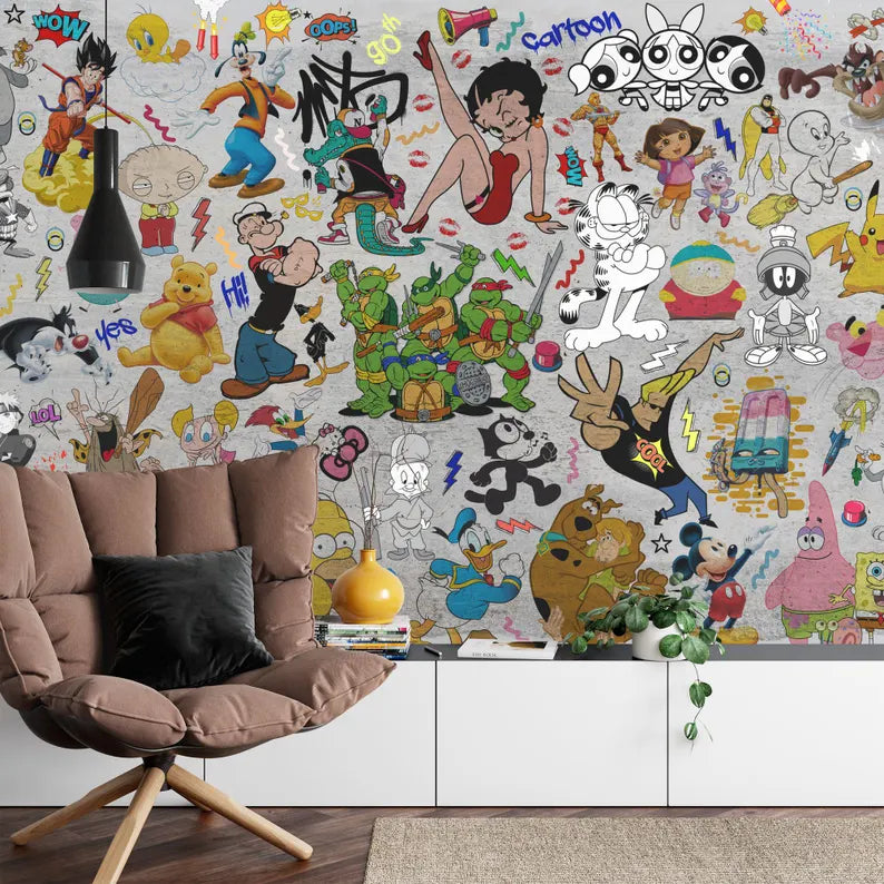 Cartoon Graffiti Wallpaper Mural, Kids Teenage Wall Decor