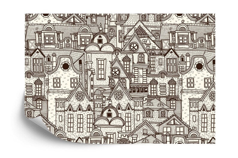 Outlined Village Wallpaper Mural, Kids Nursery Decor