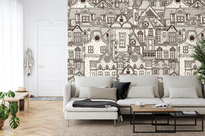 Outlined Village Wallpaper Mural, Kids Nursery Decor