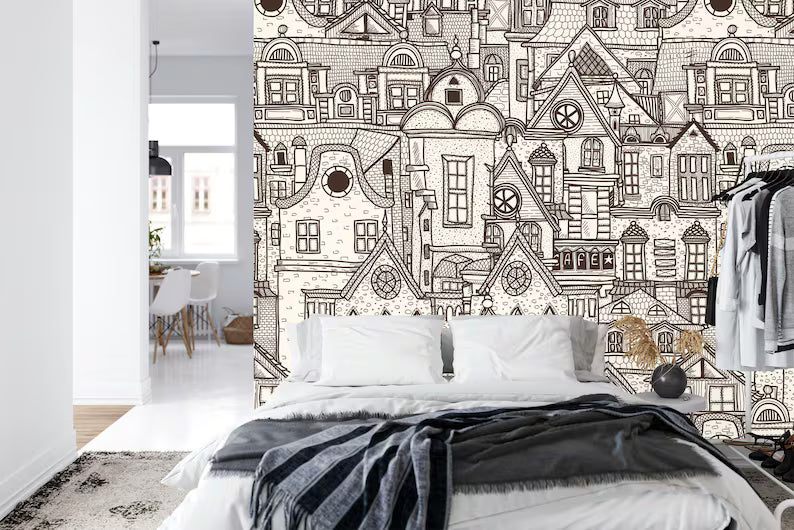 Outlined Village Wallpaper Mural, Kids Nursery Decor