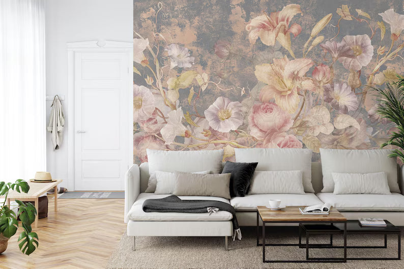 Floral Baroque Grunge Wallpaper Mural, Aged Concrete Art
