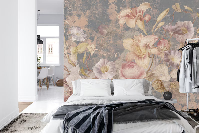 Floral Baroque Grunge Wallpaper Mural, Aged Concrete Art