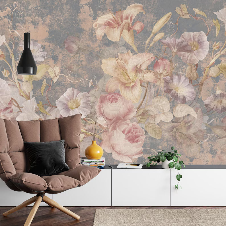 Floral Baroque Grunge Wallpaper Mural, Aged Concrete Art