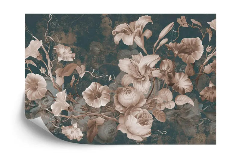 Baroque Floral Wallpaper Mural, Aged Concrete Grunge Art