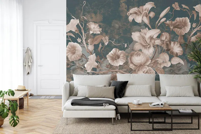 Baroque Floral Wallpaper Mural, Aged Concrete Grunge Art