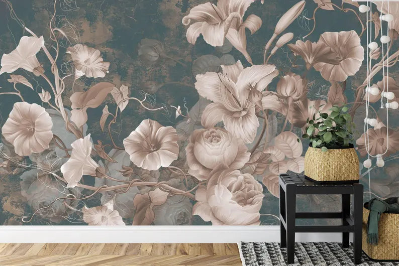 Baroque Floral Wallpaper Mural, Aged Concrete Grunge Art