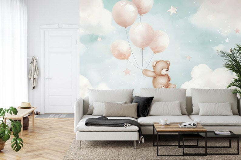 Pastel Bear Balloons Nursery Wallpaper Mural