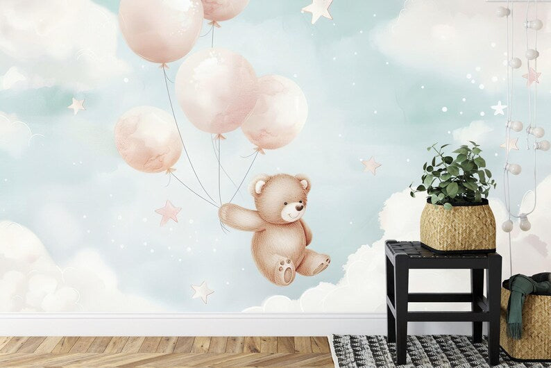 Pastel Bear Balloons Nursery Wallpaper Mural